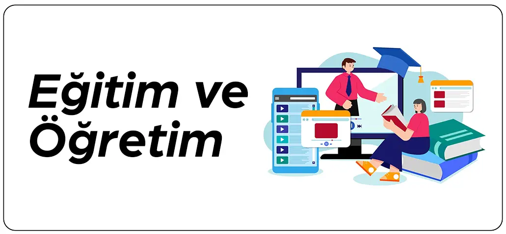 Eğitim anketlerini temsil eden öğretmen, öğrenci ve dijital eğitim materyali illüstrasyonu