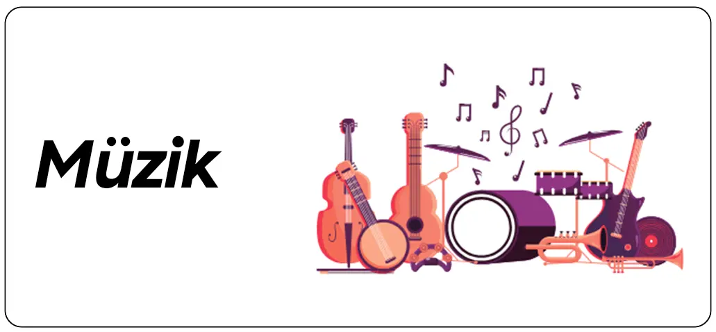 Müzik anketlerini simgeleyen enstrümanlarla çevrili konser temalı ikon