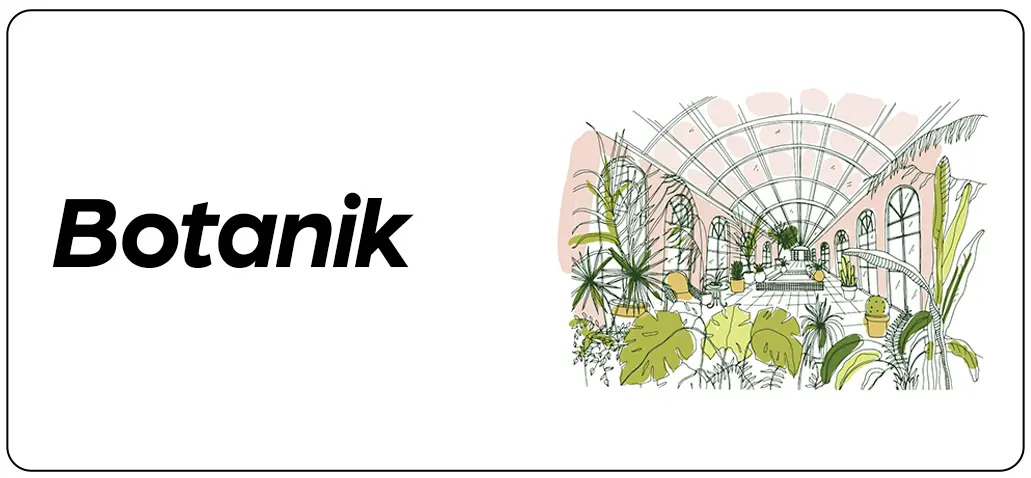 Botanik ilgili anketleri temsil eden sera ve yeşilliklerle çevrili botanik illüstrasyonu